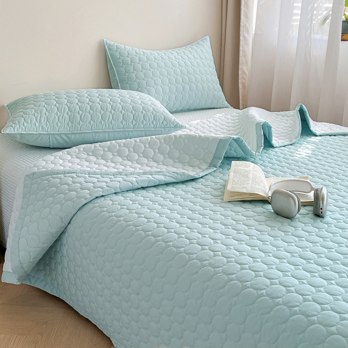 91家纺网 家纺一手货源 找家纺 其奥家纺 2026新款全棉水洗棉夹棉床盖三件套-同心圆系列 天空蓝