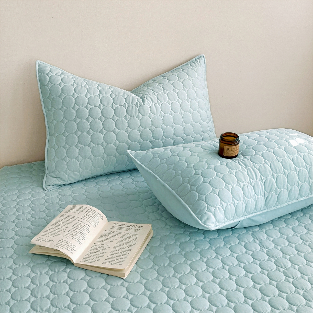 91家纺网 家纺一手货源 找家纺 其奥家纺 2026新款全棉水洗棉夹棉床盖三件套-同心圆系列 天空蓝