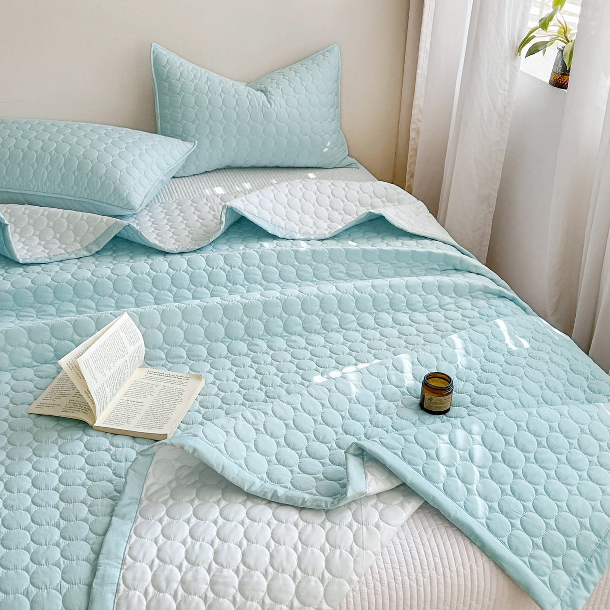 91家纺网 家纺一手货源 找家纺 其奥家纺 2026新款全棉水洗棉夹棉床盖三件套-同心圆系列 天空蓝