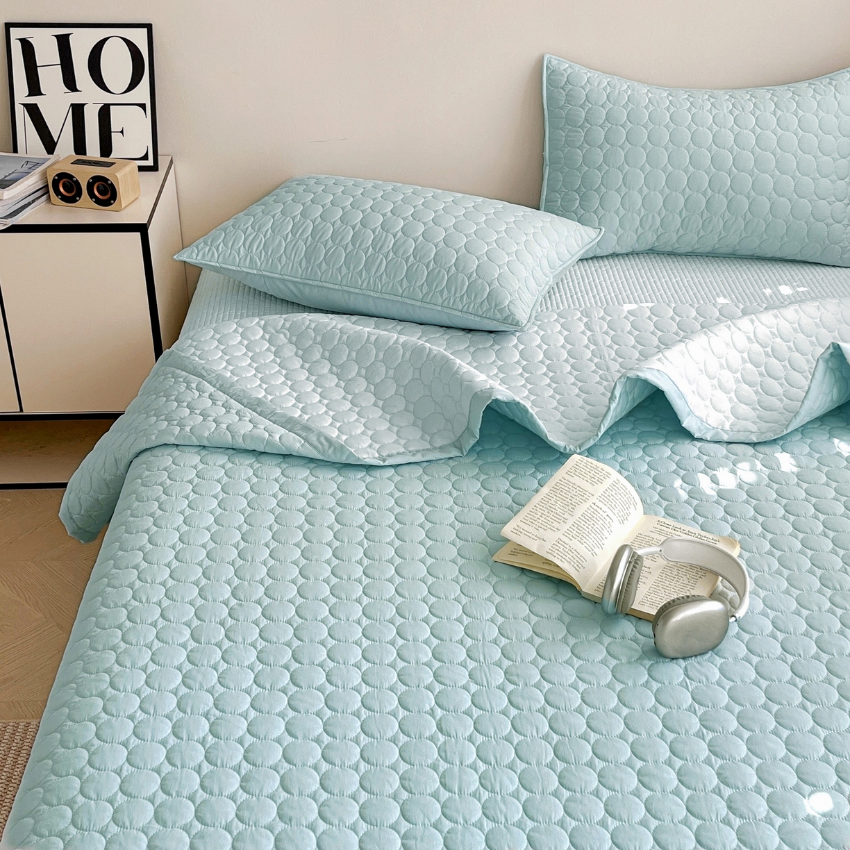 91家纺网 家纺一手货源 找家纺 其奥家纺 2026新款全棉水洗棉夹棉床盖三件套-同心圆系列 天空蓝