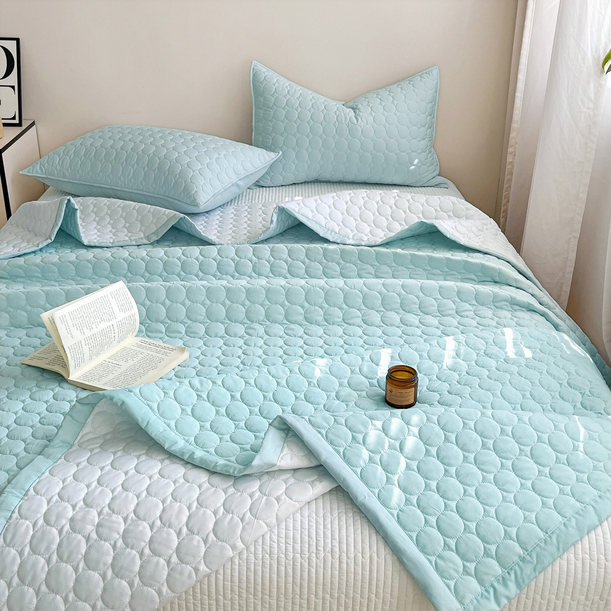 91家纺网 家纺一手货源 找家纺 其奥家纺 2026新款全棉水洗棉夹棉床盖三件套-同心圆系列 天空蓝