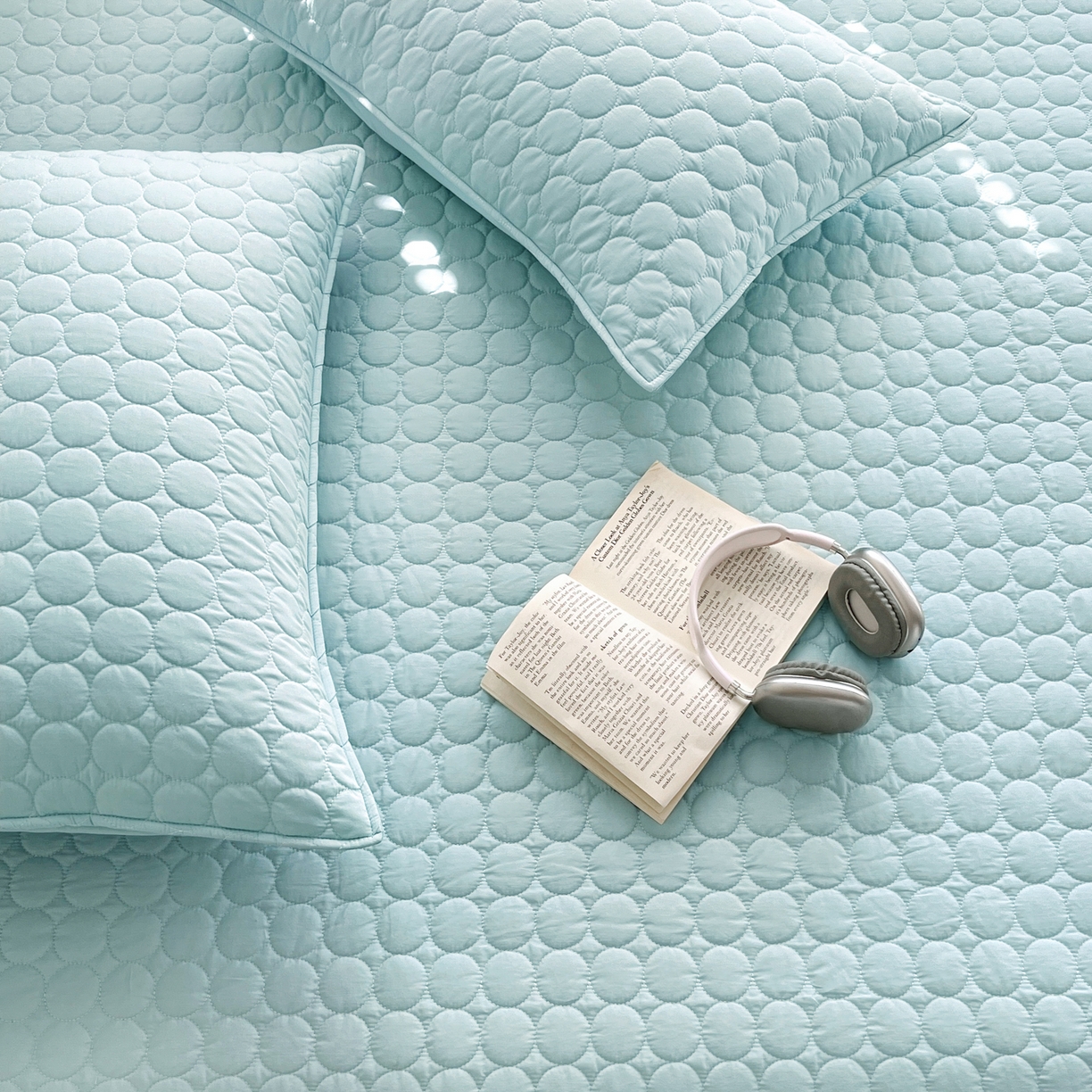 91家纺网 家纺一手货源 找家纺 其奥家纺 2026新款全棉水洗棉夹棉床盖三件套-同心圆系列 天空蓝