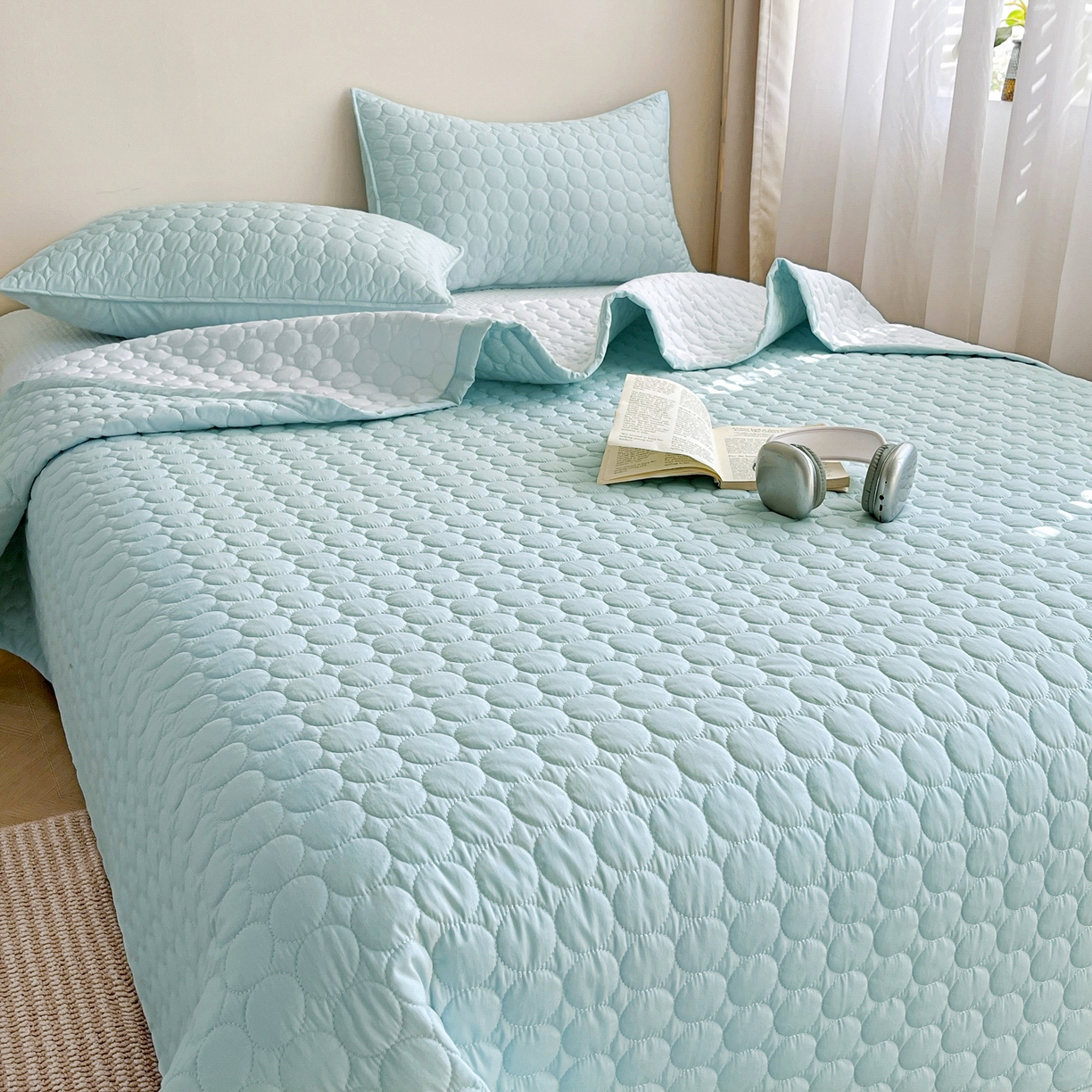 91家纺网 家纺一手货源 找家纺 其奥家纺 2026新款全棉水洗棉夹棉床盖三件套-同心圆系列 天空蓝