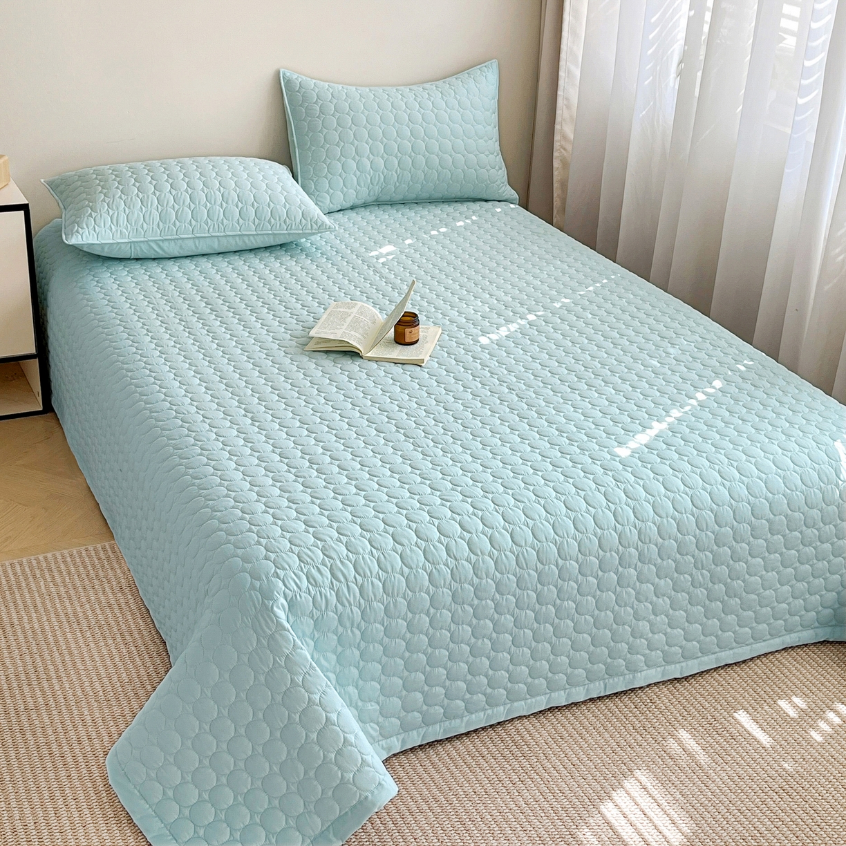 91家纺网 家纺一手货源 找家纺 其奥家纺 2026新款全棉水洗棉夹棉床盖三件套-同心圆系列 天空蓝