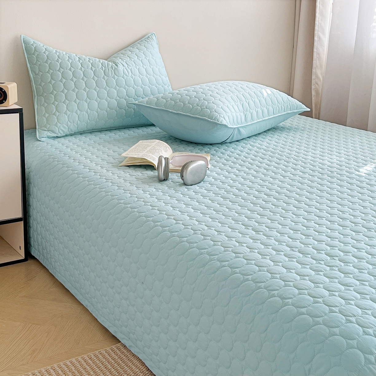 91家纺网 家纺一手货源 找家纺 其奥家纺 2026新款全棉水洗棉夹棉床盖三件套-同心圆系列 天空蓝