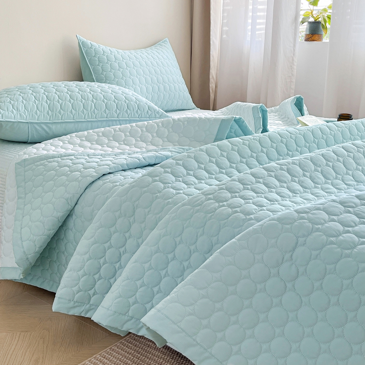 91家纺网 家纺一手货源 找家纺 其奥家纺 2026新款全棉水洗棉夹棉床盖三件套-同心圆系列 天空蓝