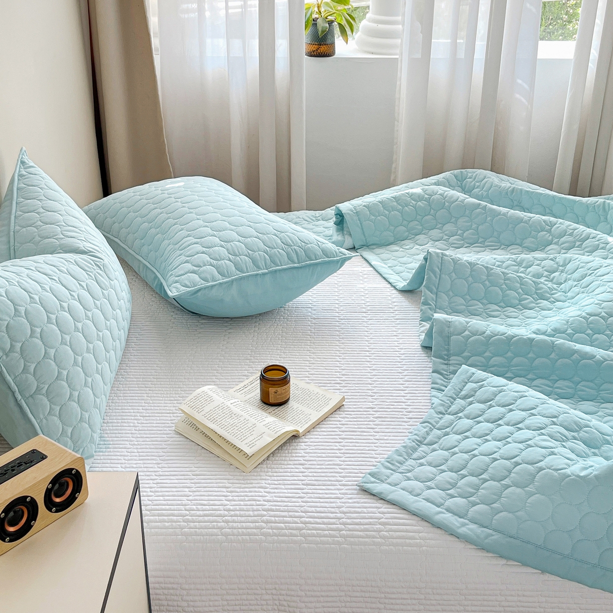 91家纺网 家纺一手货源 找家纺 其奥家纺 2026新款全棉水洗棉夹棉床盖三件套-同心圆系列 天空蓝