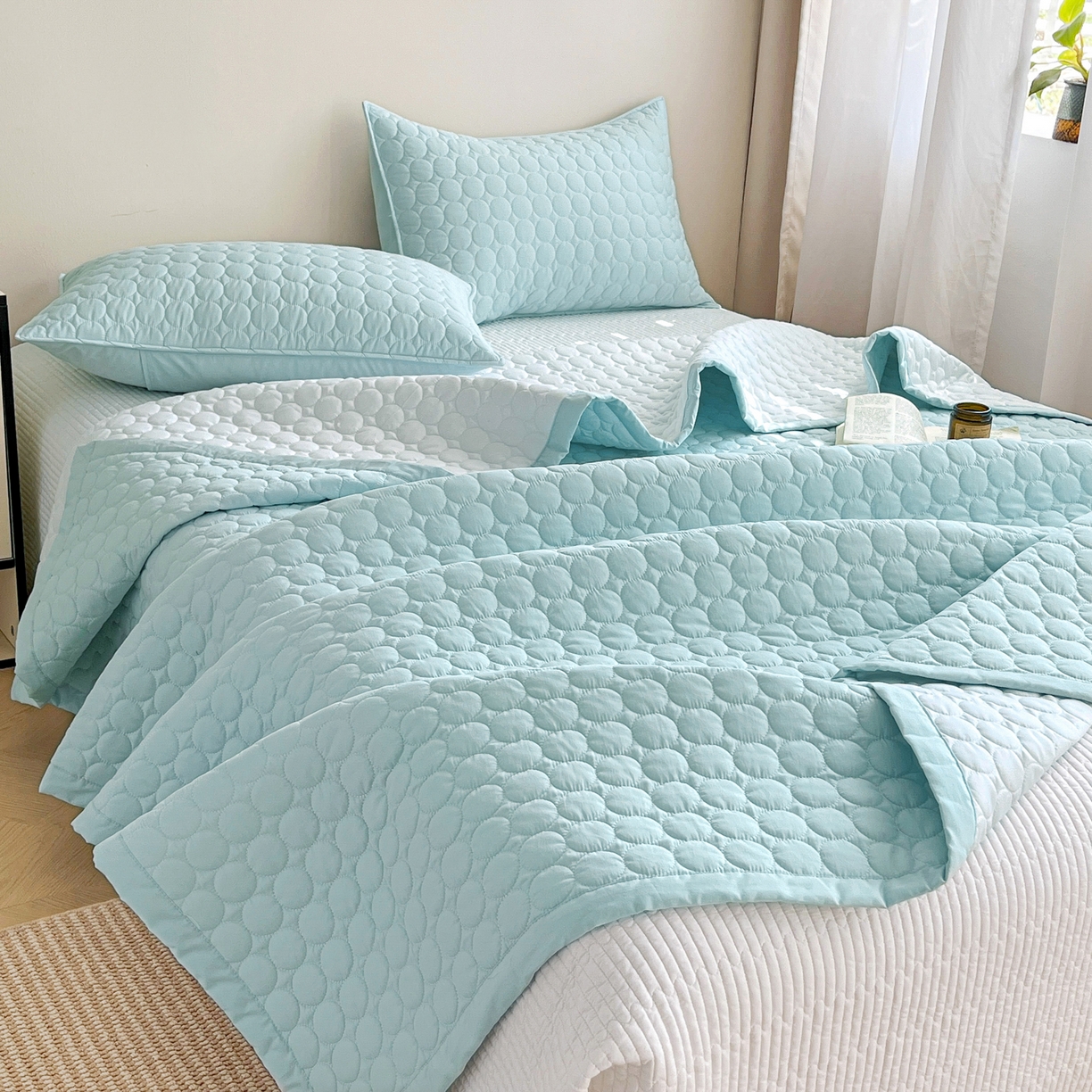 91家纺网 家纺一手货源 找家纺 其奥家纺 2026新款全棉水洗棉夹棉床盖三件套-同心圆系列 天空蓝