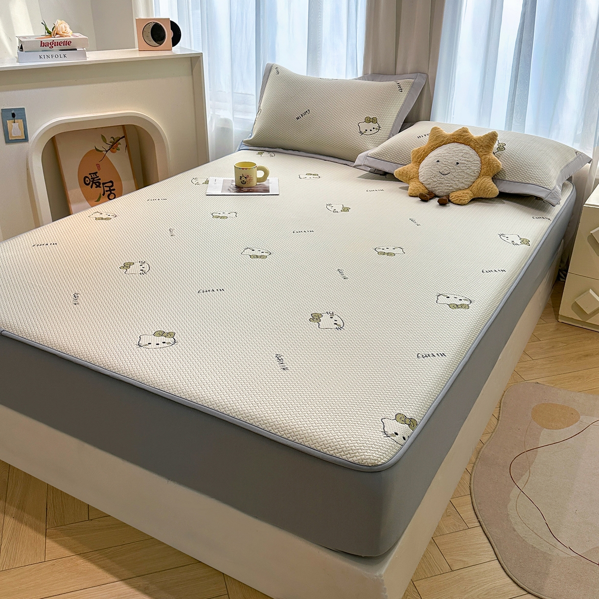 91家纺网 家纺一手货源 找家纺 梵克保罗 2026新款卡通实拍小红书爆款凉豆豆凉席100%PE 乙纶凉感可水洗床席席子-床笠款 梦境KT