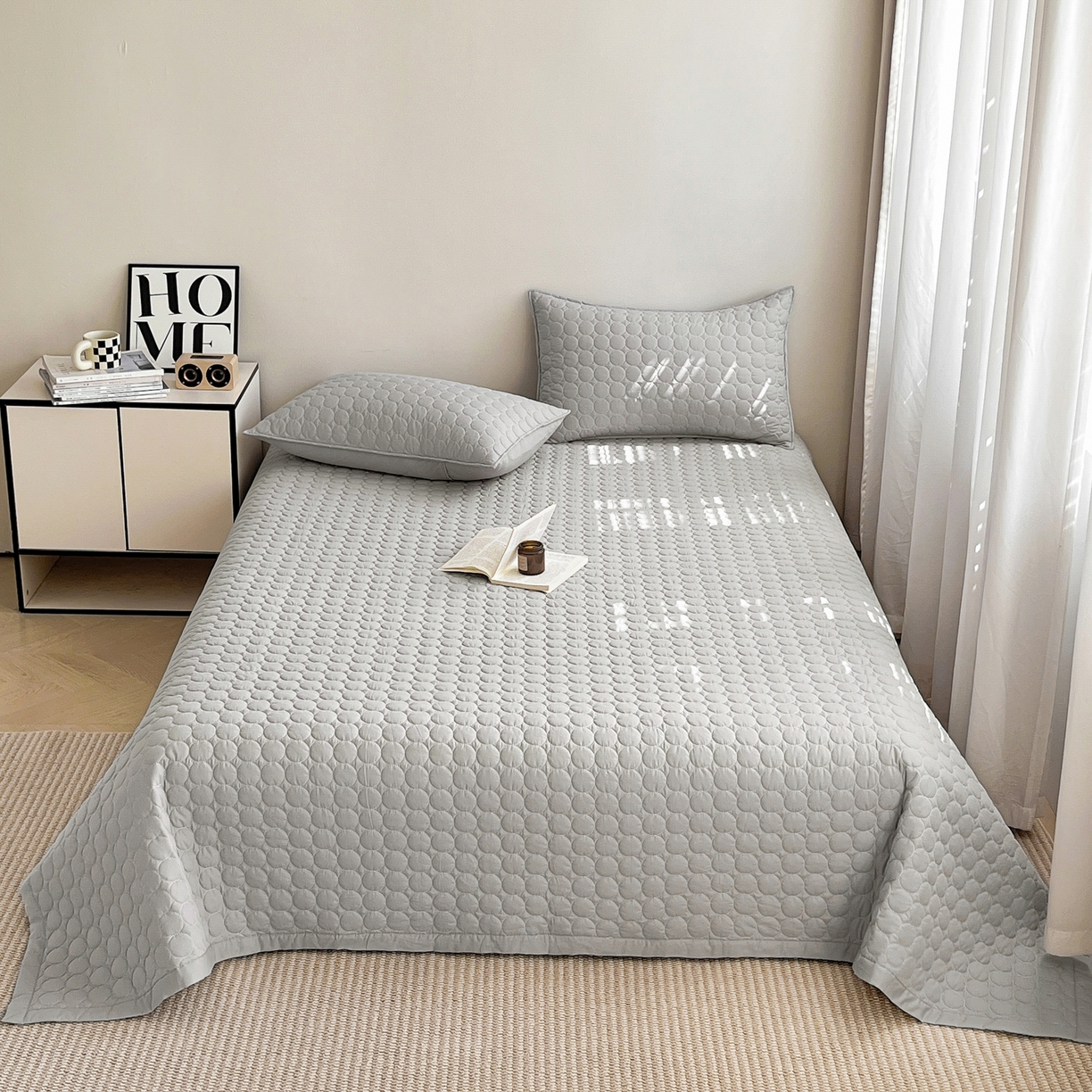 91家纺网 家纺一手货源 找家纺 其奥家纺 2026新款全棉水洗棉夹棉床盖三件套-同心圆系列 雅灰