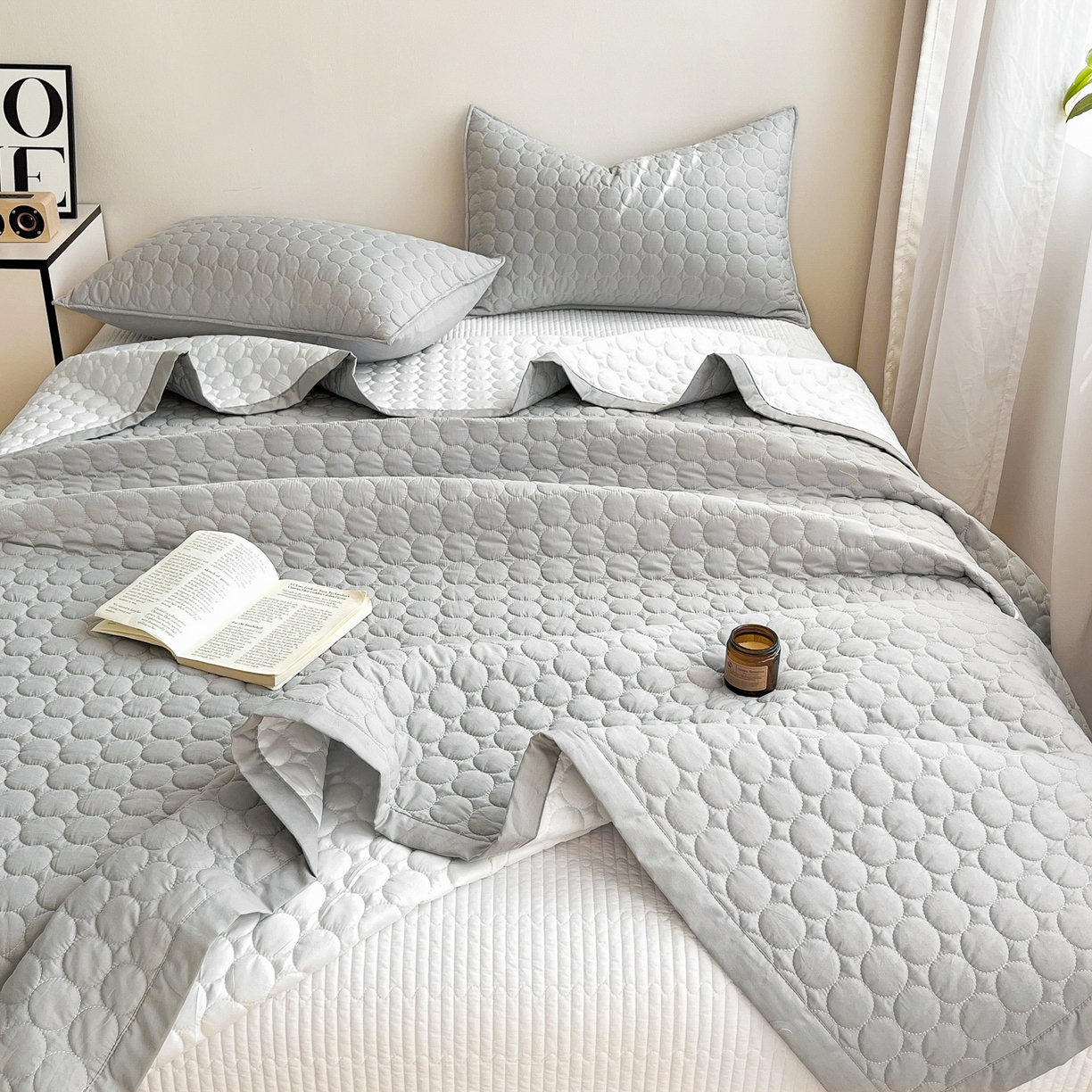 91家纺网 家纺一手货源 找家纺 其奥家纺 2026新款全棉水洗棉夹棉床盖三件套-同心圆系列 雅灰