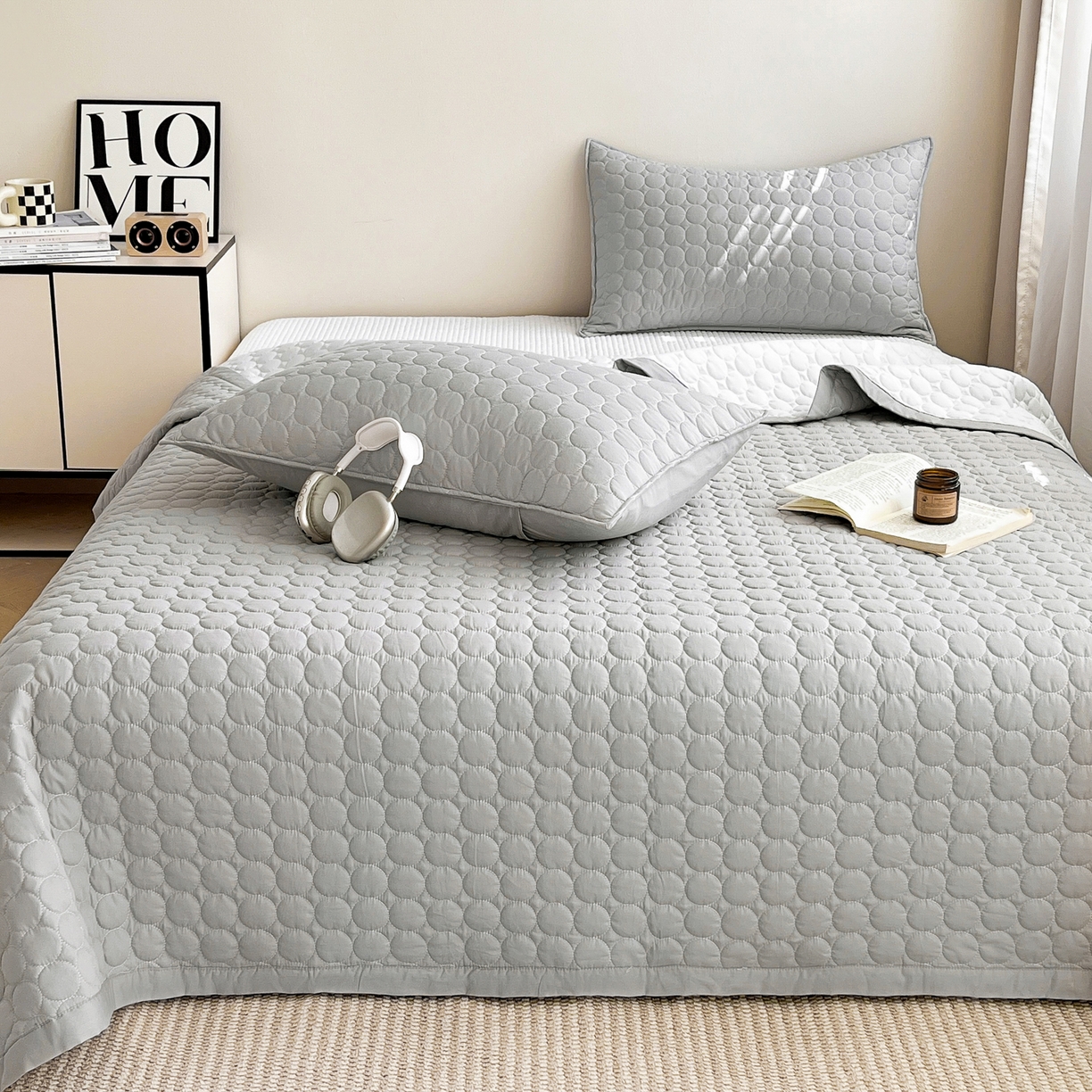 其奥家纺 2026新款全棉水洗棉夹棉床盖三件套-同心圆系列 雅灰