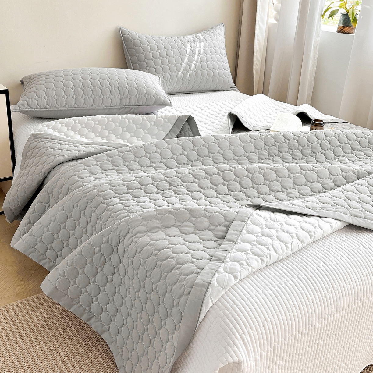 91家纺网 家纺一手货源 找家纺 其奥家纺 2026新款全棉水洗棉夹棉床盖三件套-同心圆系列 雅灰