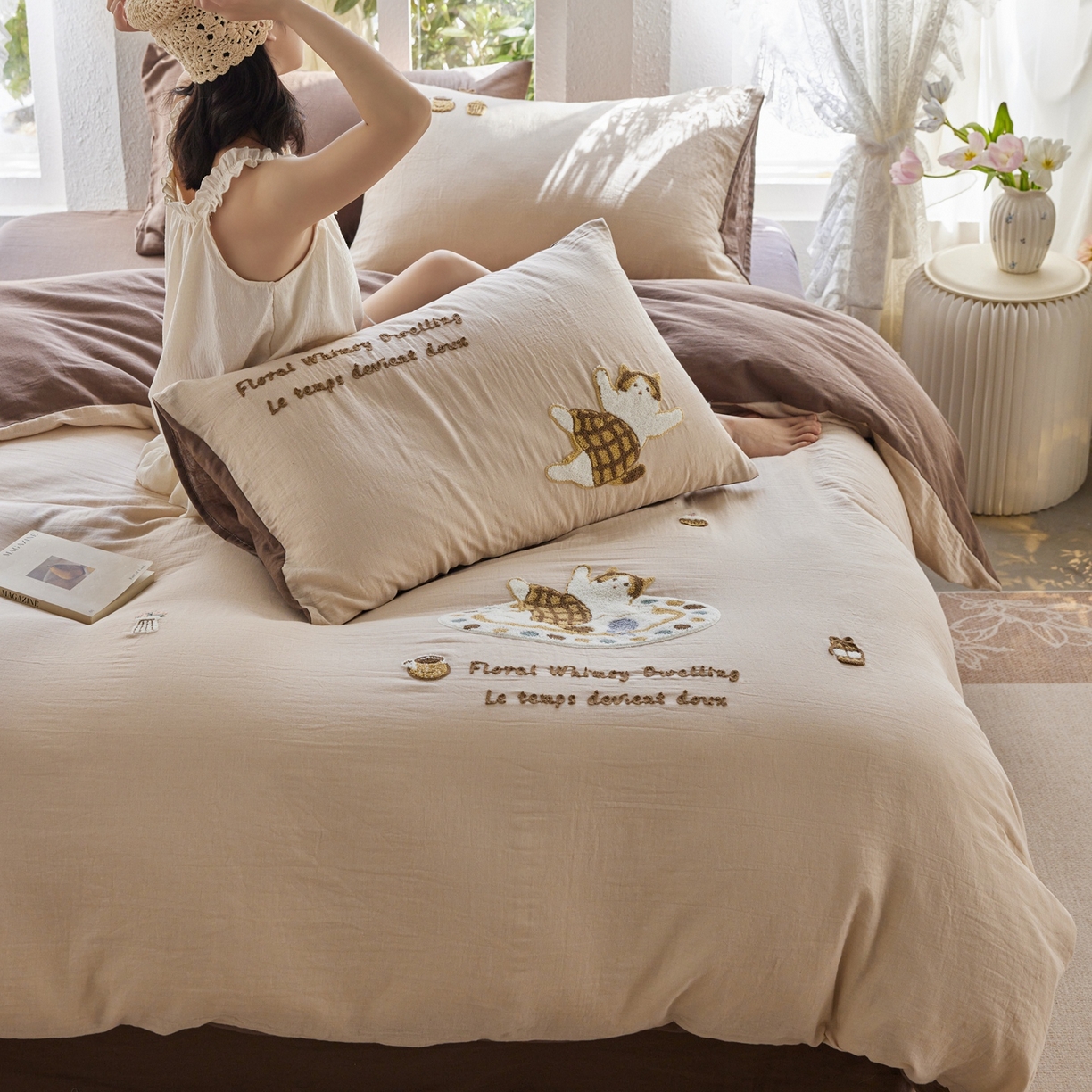 91家纺网 家纺一手货源 找家纺 （总）风向标家纺 2026新款全棉纯棉素色绣花双层纱四件套