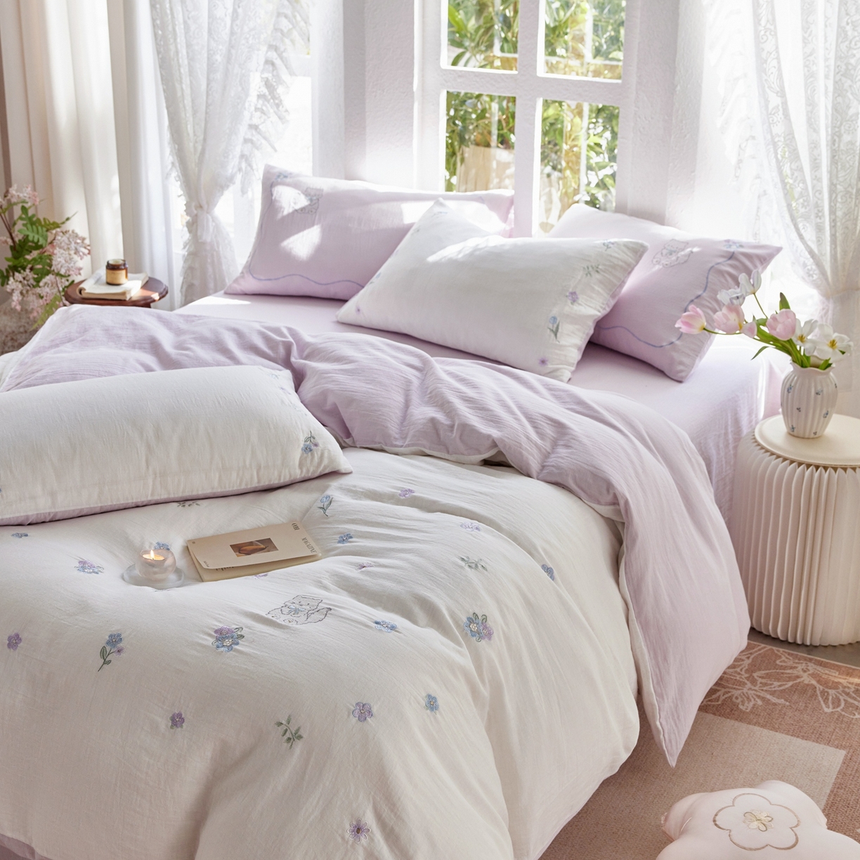 91家纺网 家纺一手货源 找家纺 风向标家纺 2026新款全棉纯棉素色绣花双层纱四件套 香芋小花猫