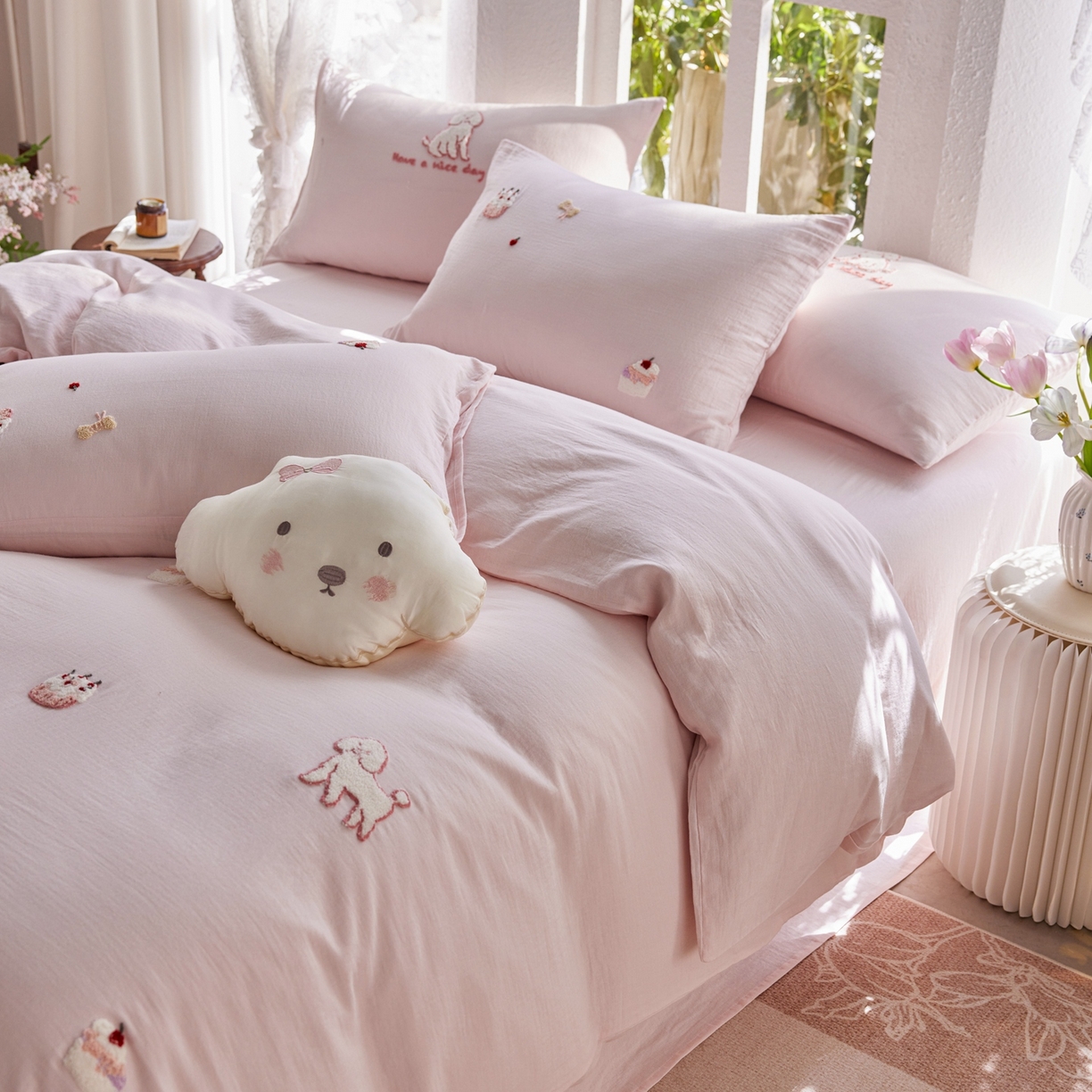 91家纺网 家纺一手货源 找家纺 风向标家纺 2026新款全棉纯棉素色绣花双层纱四件套 清新可露丽