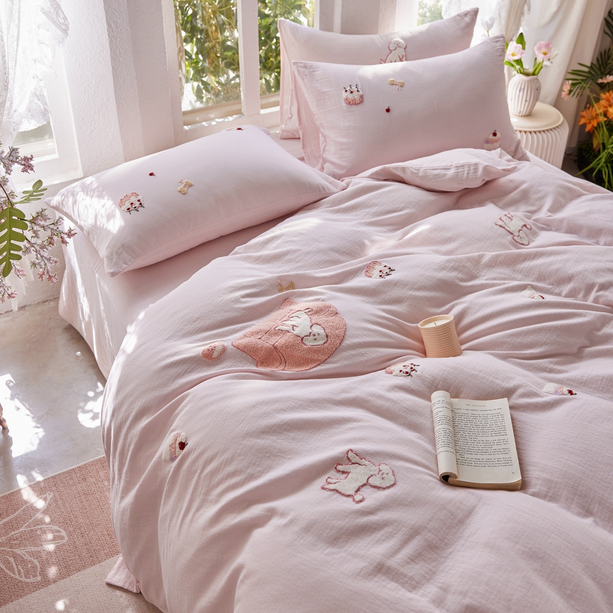 91家纺网 家纺一手货源 找家纺 风向标家纺 2026新款全棉纯棉素色绣花双层纱四件套 清新可露丽