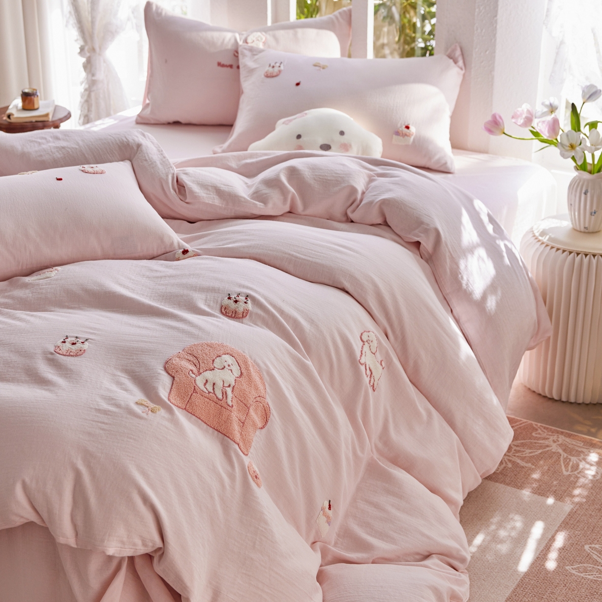 91家纺网 家纺一手货源 找家纺 风向标家纺 2026新款全棉纯棉素色绣花双层纱四件套 清新可露丽