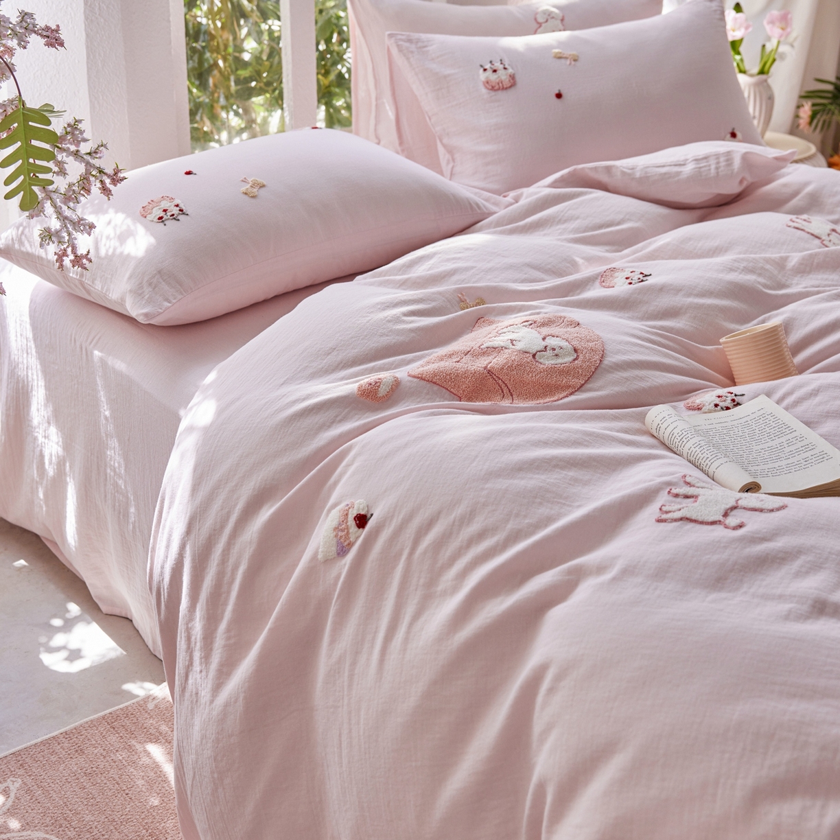 91家纺网 家纺一手货源 找家纺 风向标家纺 2026新款全棉纯棉素色绣花双层纱四件套 清新可露丽