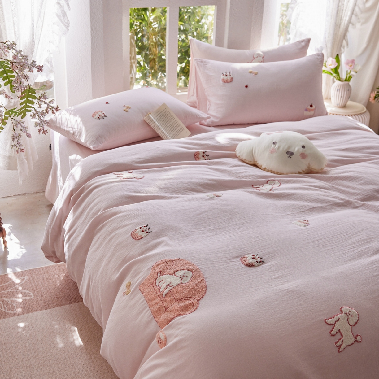 91家纺网 家纺一手货源 找家纺 风向标家纺 2026新款全棉纯棉素色绣花双层纱四件套 清新可露丽