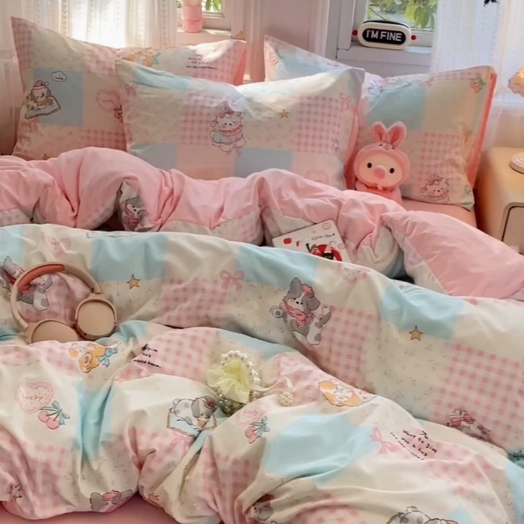 91家纺网 家纺一手货源 找家纺 卡斯诺家纺馆 2026新款古法水洗仿棉四件套（下载文件包含买家秀） 甜趣萌格