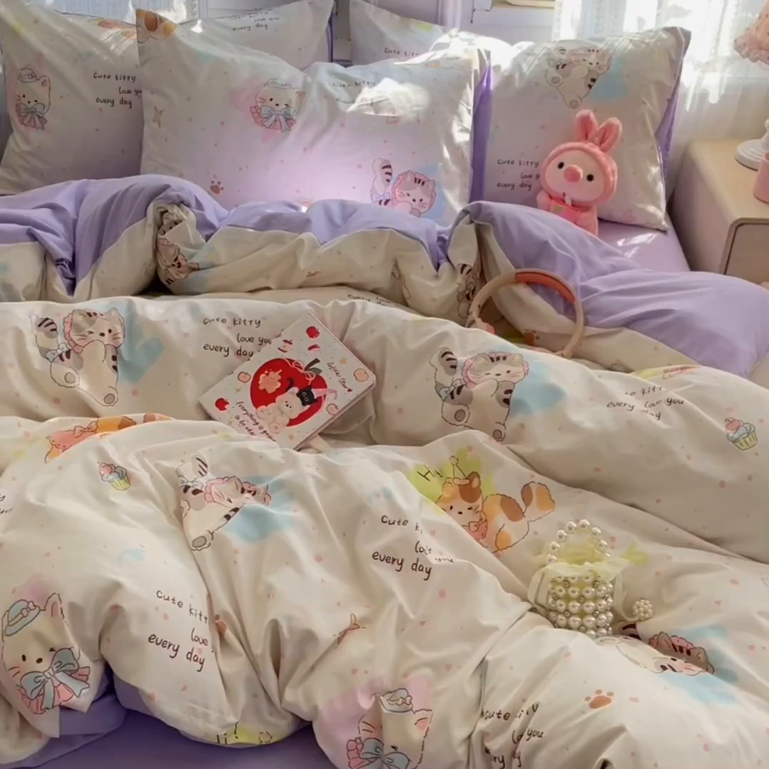 91家纺网 家纺一手货源 找家纺 卡斯诺家纺馆 2026新款古法水洗仿棉四件套（下载文件包含买家秀） 奶糖小猫