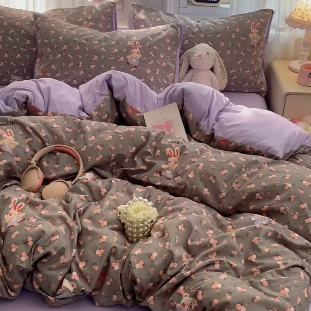 91家纺网 家纺一手货源 找家纺 卡斯诺家纺馆 2026新款古法水洗仿棉四件套（下载文件包含买家秀） 森屿花兔