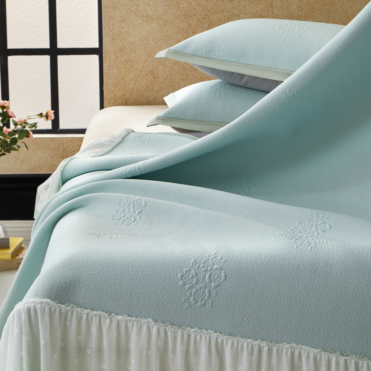 91家纺网 家纺一手货源 找家纺 （总）瑞禾家纺 2026新款A类凉感豆豆床裙款凉席三件套-系列七