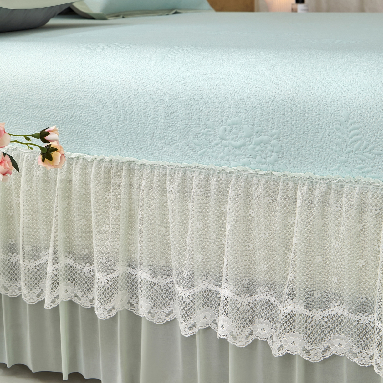 91家纺网 家纺一手货源 找家纺 （总）瑞禾家纺 2026新款A类凉感豆豆床裙款凉席三件套-系列七