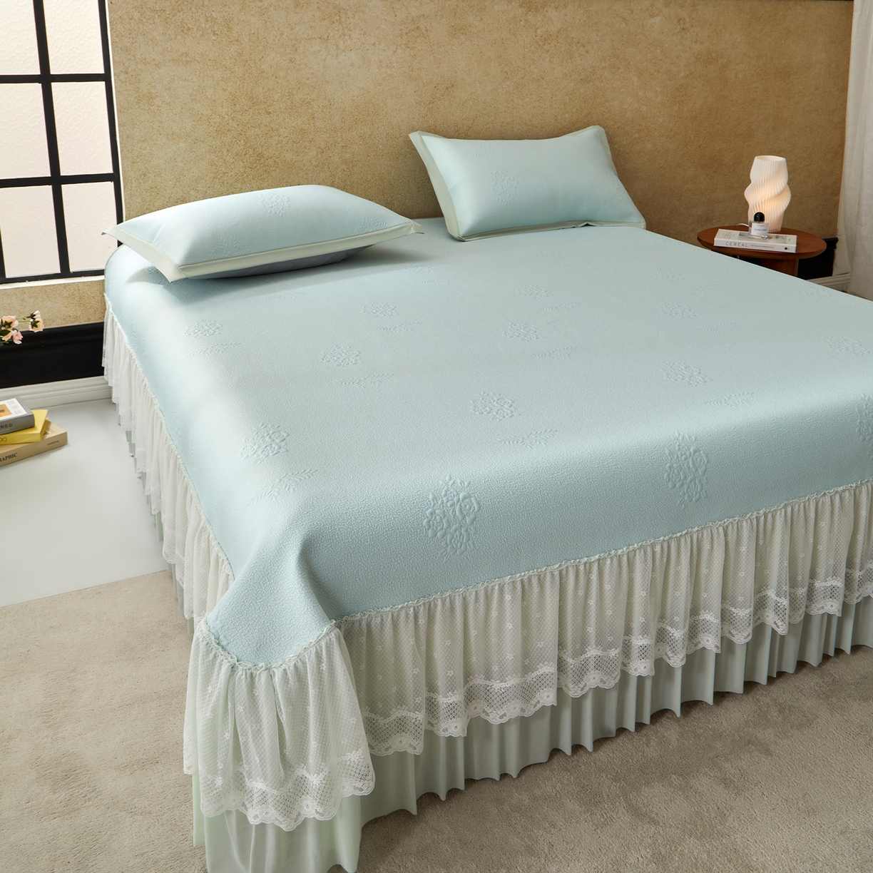 91家纺网 家纺一手货源 找家纺 瑞禾家纺 2026新款A类凉感豆豆床裙款凉席三件套-系列七 薄荷团绮