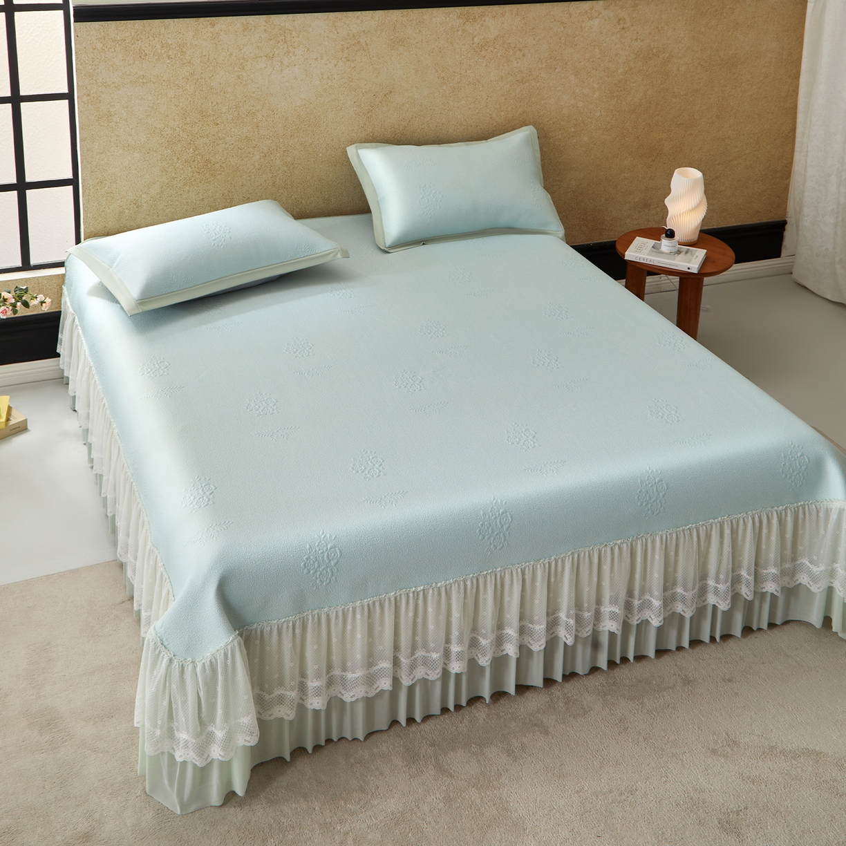 91家纺网 家纺一手货源 找家纺 瑞禾家纺 2026新款A类凉感豆豆床裙款凉席三件套-系列七 薄荷团绮