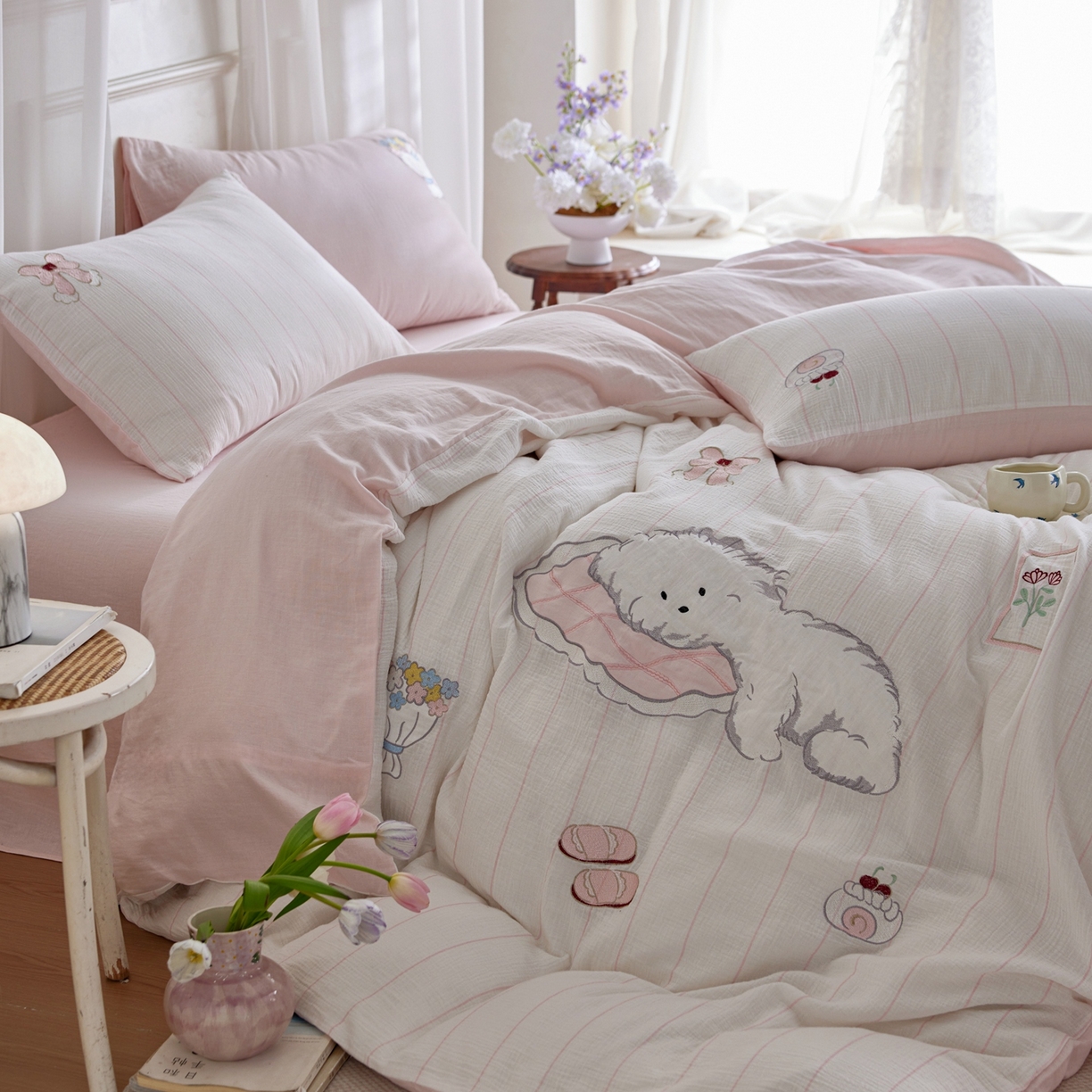 91家纺网 家纺一手货源 找家纺 （总）风向标家纺 2026新款全棉纯棉皱皱纱布条纹绣花四件套