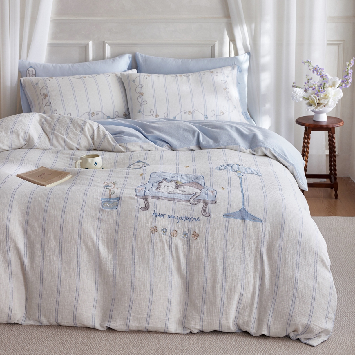 91家纺网 家纺一手货源 找家纺 （总）风向标家纺 2026新款全棉纯棉皱皱纱布条纹绣花四件套