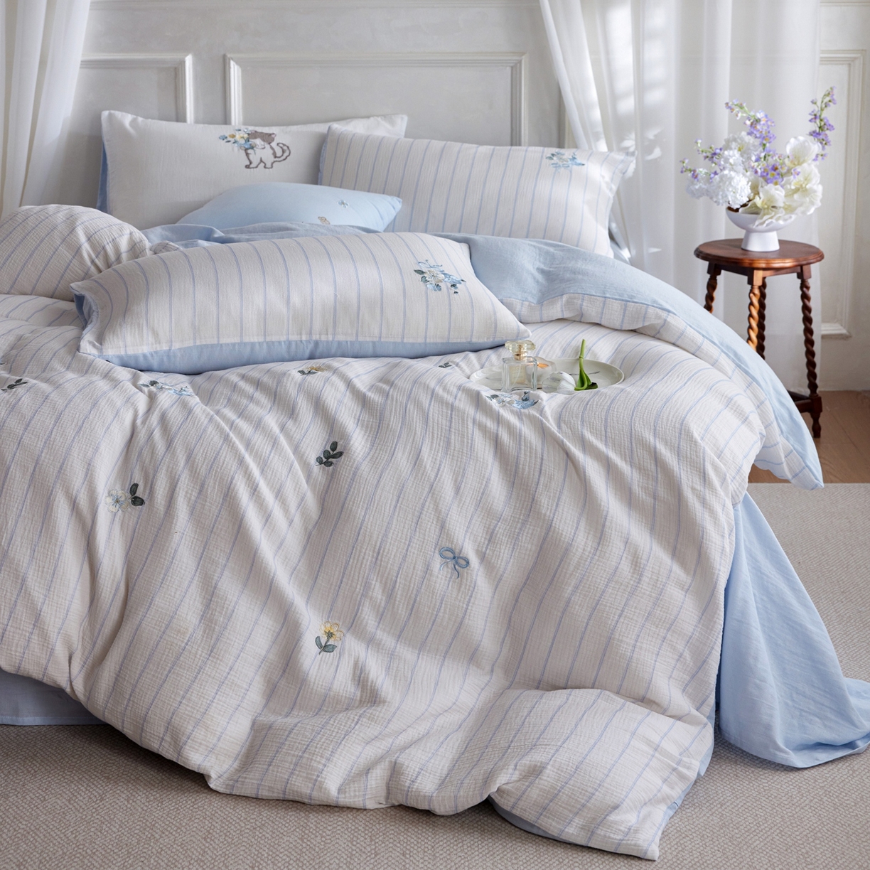 91家纺网 家纺一手货源 找家纺 （总）风向标家纺 2026新款全棉纯棉皱皱纱布条纹绣花四件套