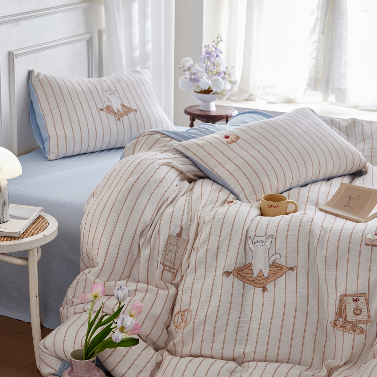 91家纺网 家纺一手货源 找家纺 风向标家纺 2026新款全棉纯棉皱皱纱布条纹绣花四件套 奶盐可露丽