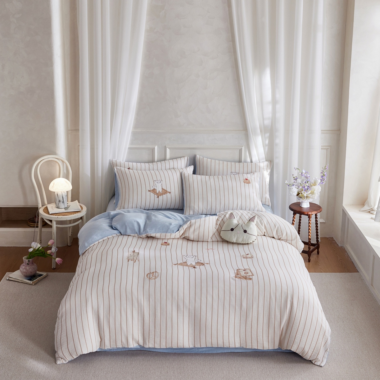 91家纺网 家纺一手货源 找家纺 风向标家纺 2026新款全棉纯棉皱皱纱布条纹绣花四件套 奶盐可露丽