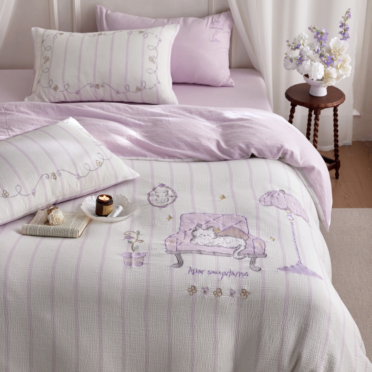 91家纺网 家纺一手货源 找家纺 风向标家纺 2026新款全棉纯棉皱皱纱布条纹绣花四件套 紫雾奶芙