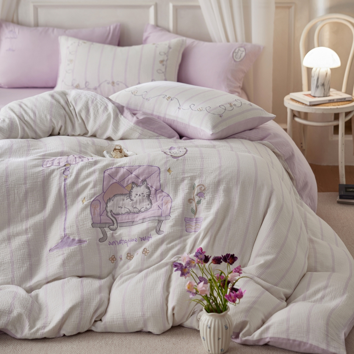 风向标家纺 2026新款全棉纯棉皱皱纱布条纹绣花四件套 紫雾奶芙