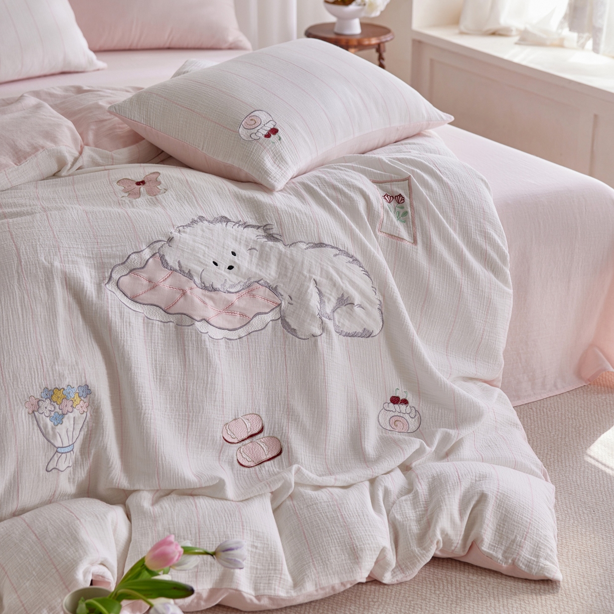 91家纺网 家纺一手货源 找家纺 （总）风向标家纺 2026新款全棉纯棉皱皱纱布条纹绣花四件套