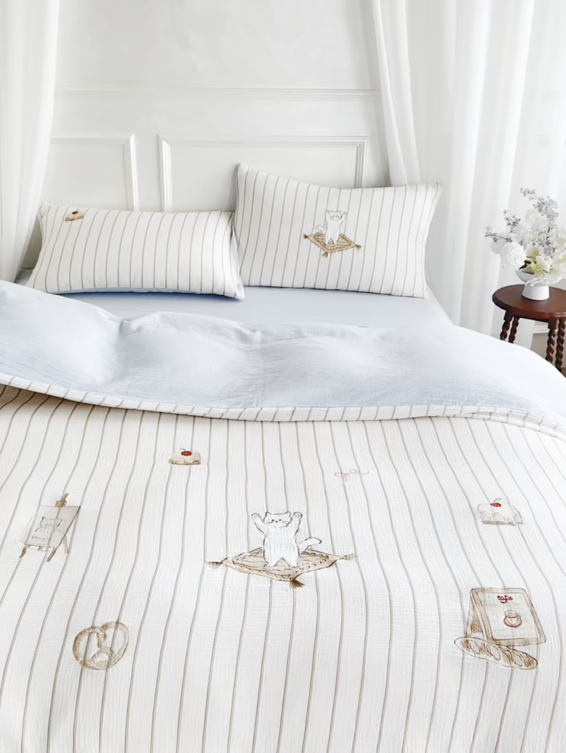 91家纺网 家纺一手货源 找家纺 风向标家纺 2026新款全棉纯棉皱皱纱布条纹绣花四件套 奶盐可露丽