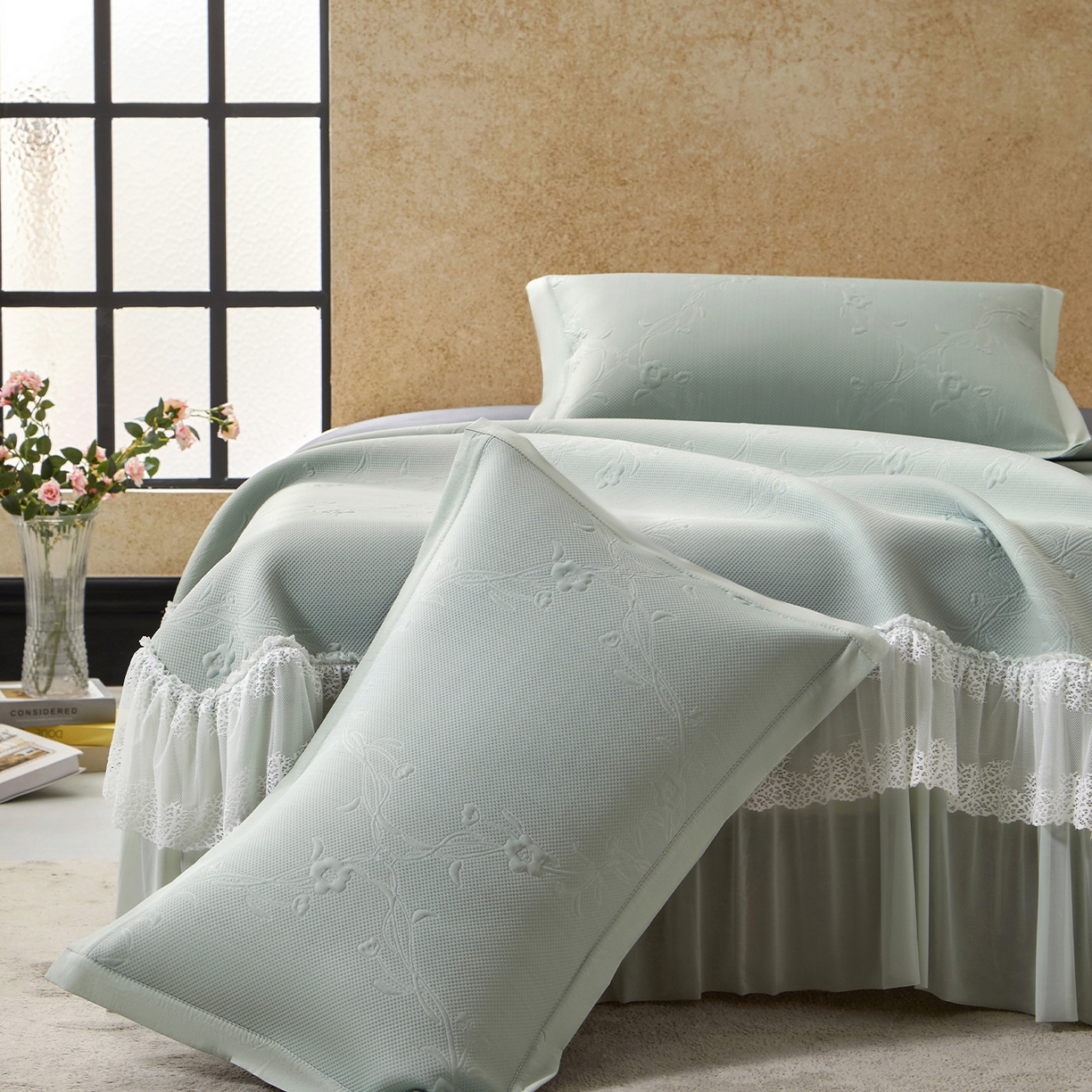 瑞禾家纺 2026新款A类凉感豆豆床裙款凉席三件套-系列七 青柠藤语