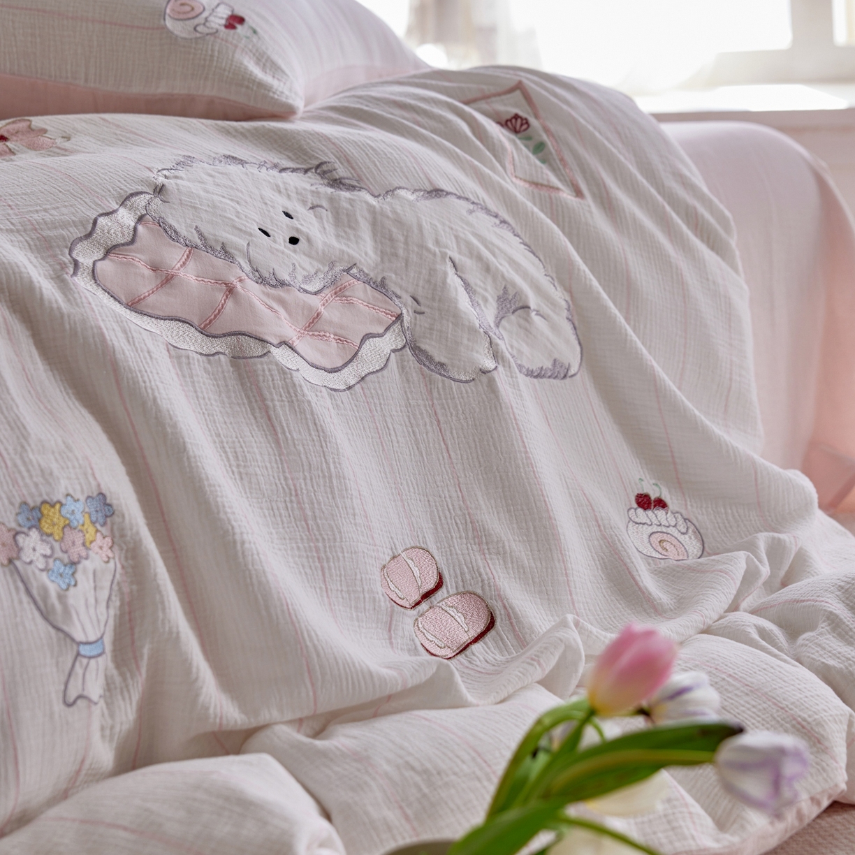 91家纺网 家纺一手货源 找家纺 风向标家纺 2026新款全棉纯棉皱皱纱布条纹绣花四件套 被窝日记