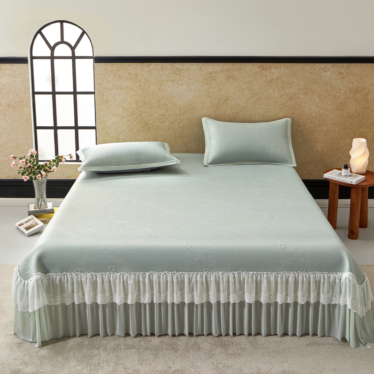 91家纺网 家纺一手货源 找家纺 瑞禾家纺 2026新款A类凉感豆豆床裙款凉席三件套-系列七 青柠藤语