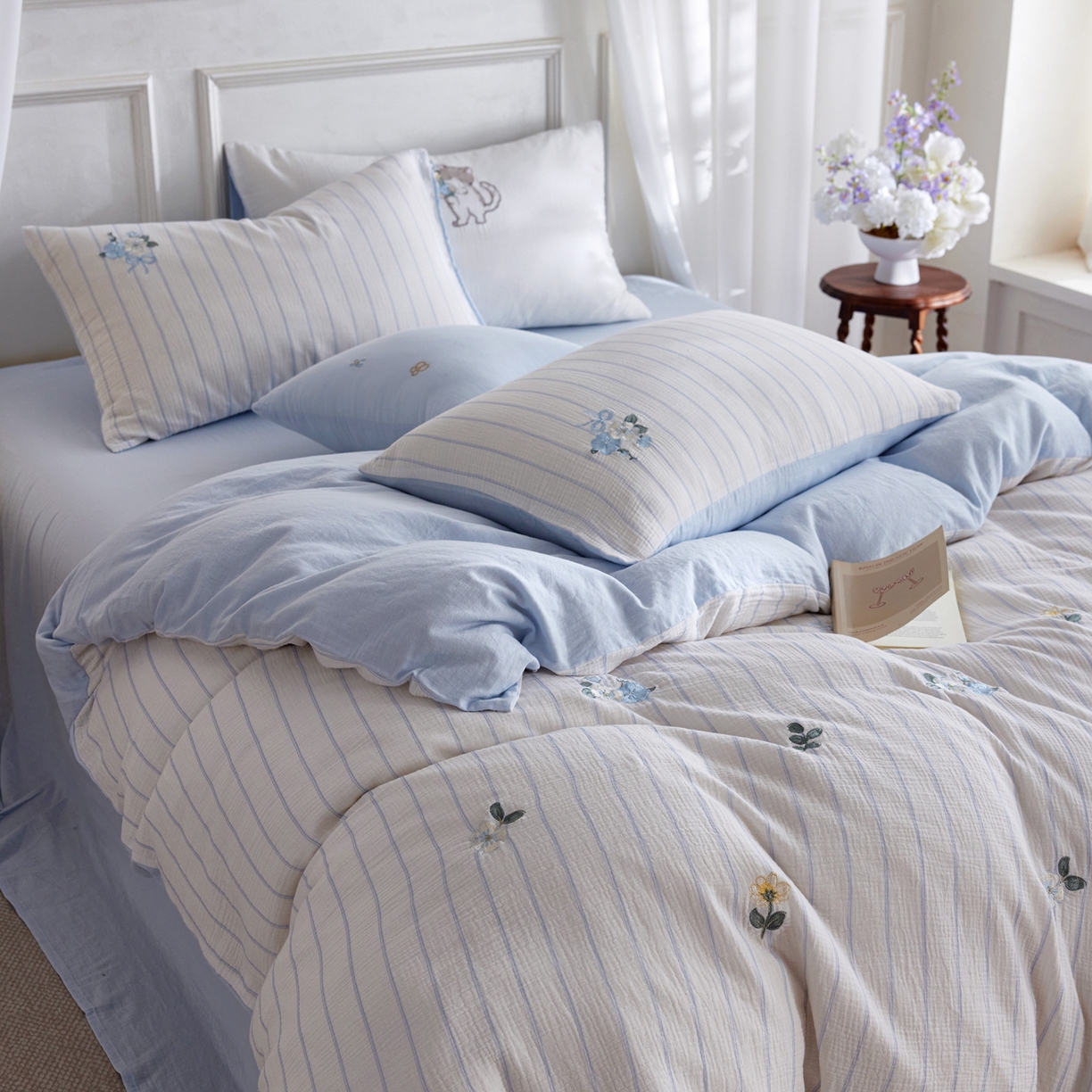 91家纺网 家纺一手货源 找家纺 风向标家纺 2026新款全棉纯棉皱皱纱布条纹绣花四件套 蓝条小花