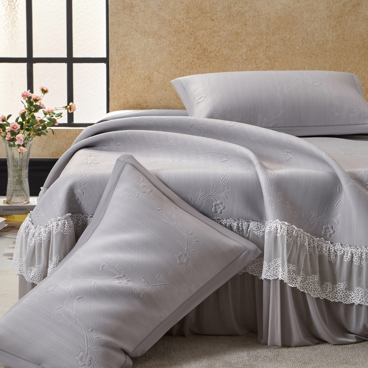 瑞禾家纺 2026新款A类凉感豆豆床裙款凉席三件套-系列七 月灰藤语