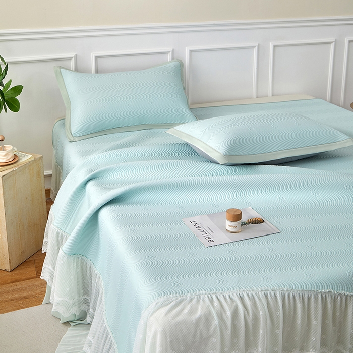 91家纺网 家纺一手货源 找家纺 瑞禾家纺 2026新款A类凉感豆豆床裙款凉席三件套-系列七 薄荷织浪