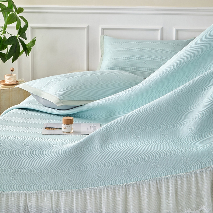 91家纺网 家纺一手货源 找家纺 瑞禾家纺 2026新款A类凉感豆豆床裙款凉席三件套-系列七 薄荷织浪