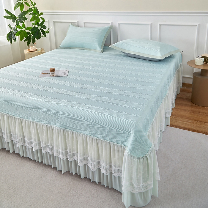 91家纺网 家纺一手货源 找家纺 瑞禾家纺 2026新款A类凉感豆豆床裙款凉席三件套-系列七 薄荷织浪