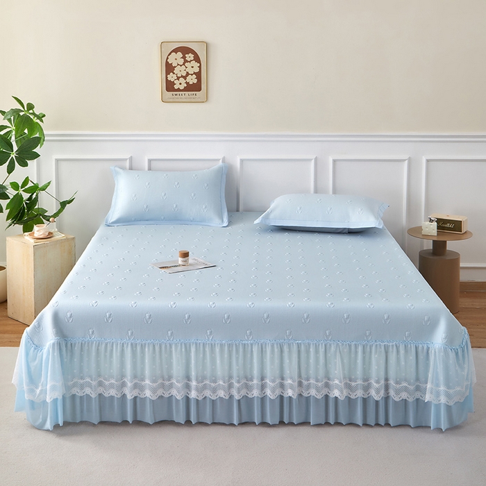 瑞禾家纺 2026新款A类凉感豆豆床裙款凉席三件套-系列七 冰蓝郁金香