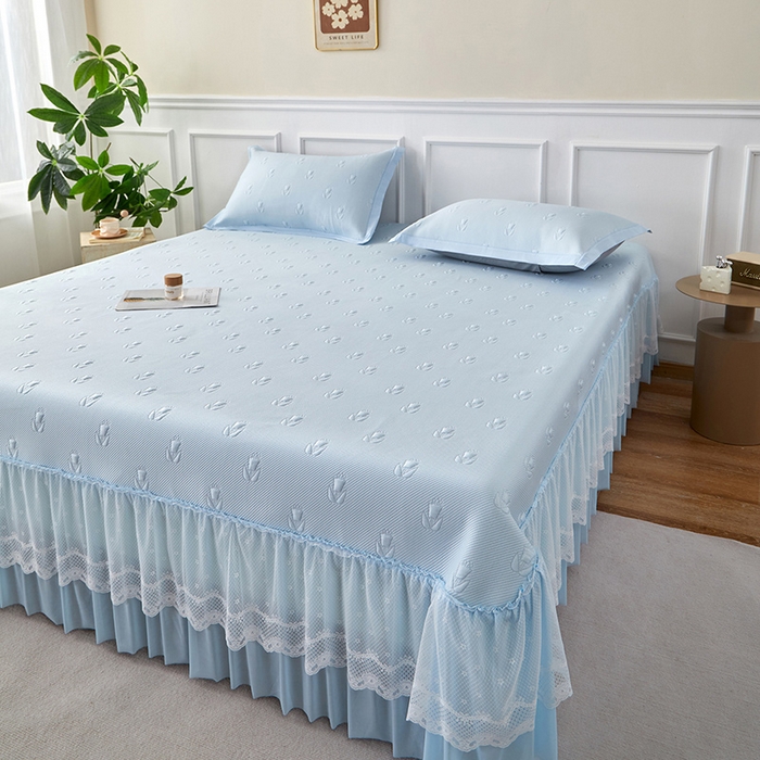 91家纺网 家纺一手货源 找家纺 瑞禾家纺 2026新款A类凉感豆豆床裙款凉席三件套-系列七 冰蓝郁金香